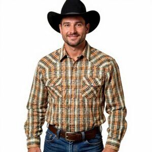 2XL👔Levi's Western Brown&Orange&Tan Plaid Button Down Shirt